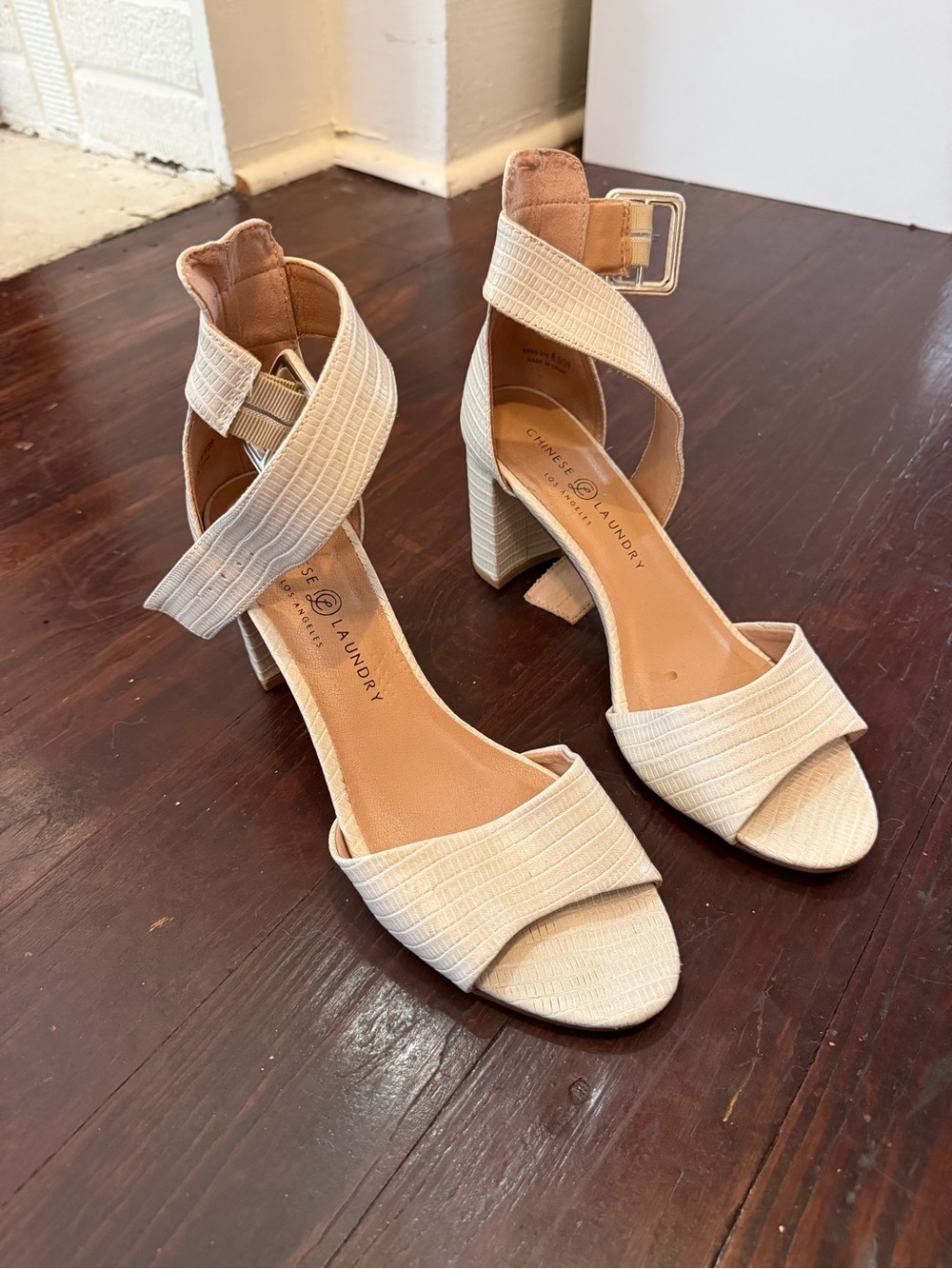 Chinese Laundry Cream Cross-Strap Block Heel Sandals